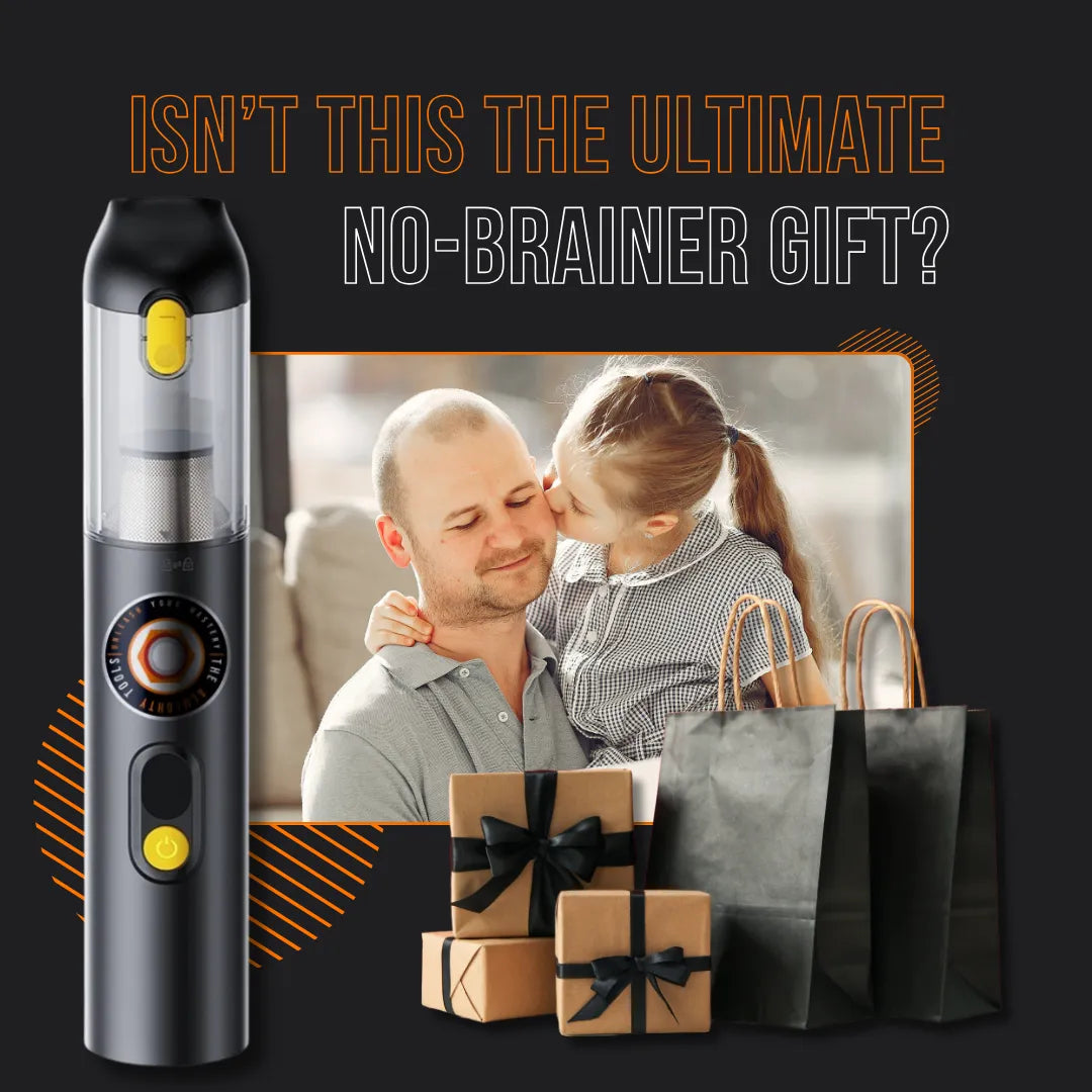 Portable cordless vacuum cleaner gift for dad, child kissing father, gift bags and boxes