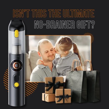 Portable cordless vacuum cleaner gift for dad, child kissing father, gift bags and boxes