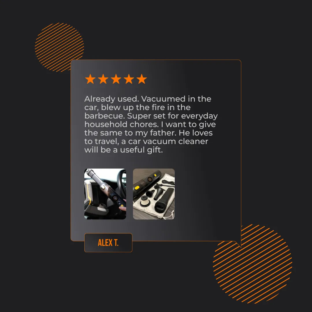 Customer review for car vacuum cleaner with five stars, vacuum in use and accessories displayed.