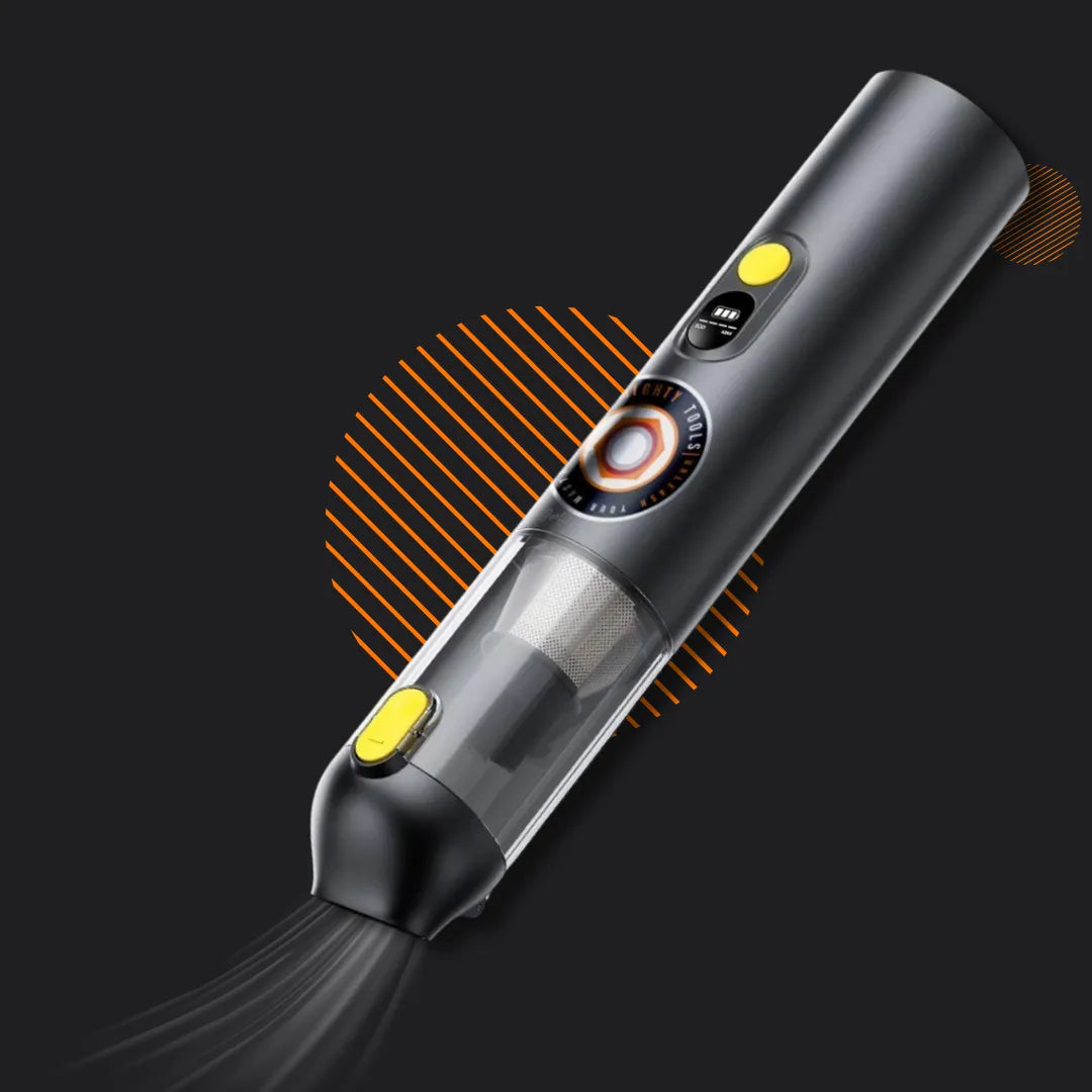 Sleek black handheld cordless vacuum cleaner with visible filter on dark background