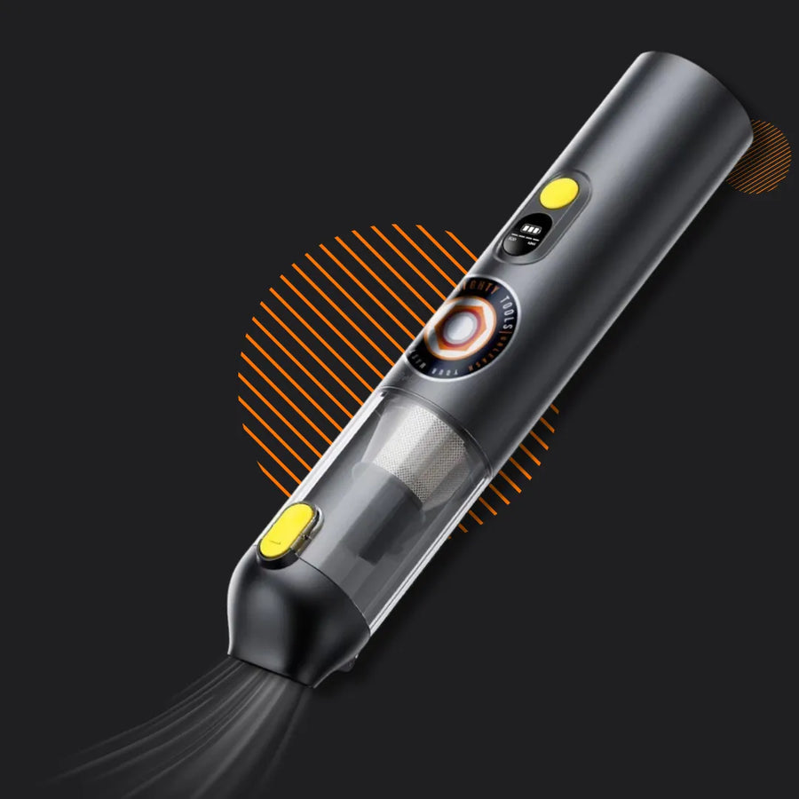 Sleek black handheld cordless vacuum cleaner with visible filter on dark background