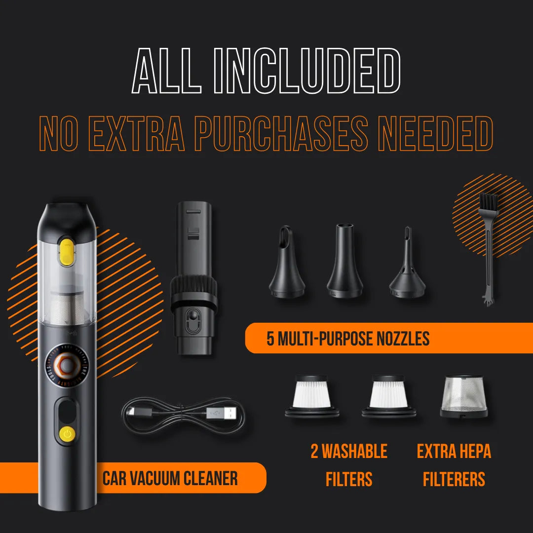 Car vacuum cleaner with five nozzles, USB cable, washable filters, HEPA filterers included.