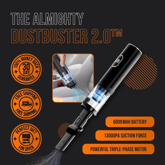 The Almighty DustBuster 2.0 handheld vacuum with powerful suction, shown cleaning a car seat.