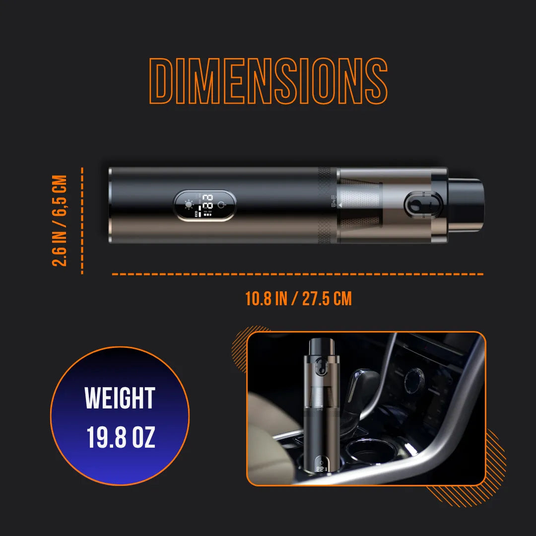 Compact portable vacuum cleaner with digital display, dimensions 10.8 x 2.6 in, 19.8 oz weight, shown in car.