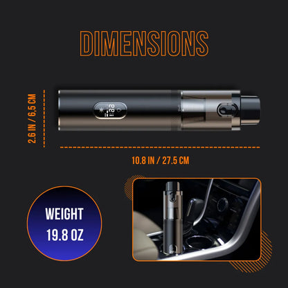 Compact portable vacuum cleaner with digital display, dimensions 10.8 x 2.6 in, 19.8 oz weight, shown in car.