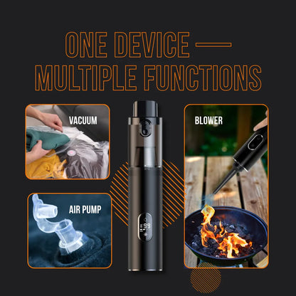 Multipurpose handheld device for vacuum, air pump, and blower functions with digital display