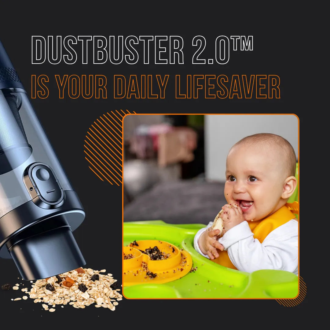 DustBuster 2.0 handheld vacuum cleaning spilled oats, smiling baby eating at highchair.