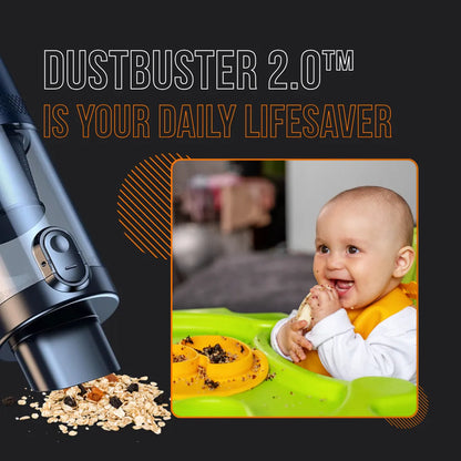 DustBuster 2.0 handheld vacuum cleaning spilled oats, smiling baby eating at highchair.
