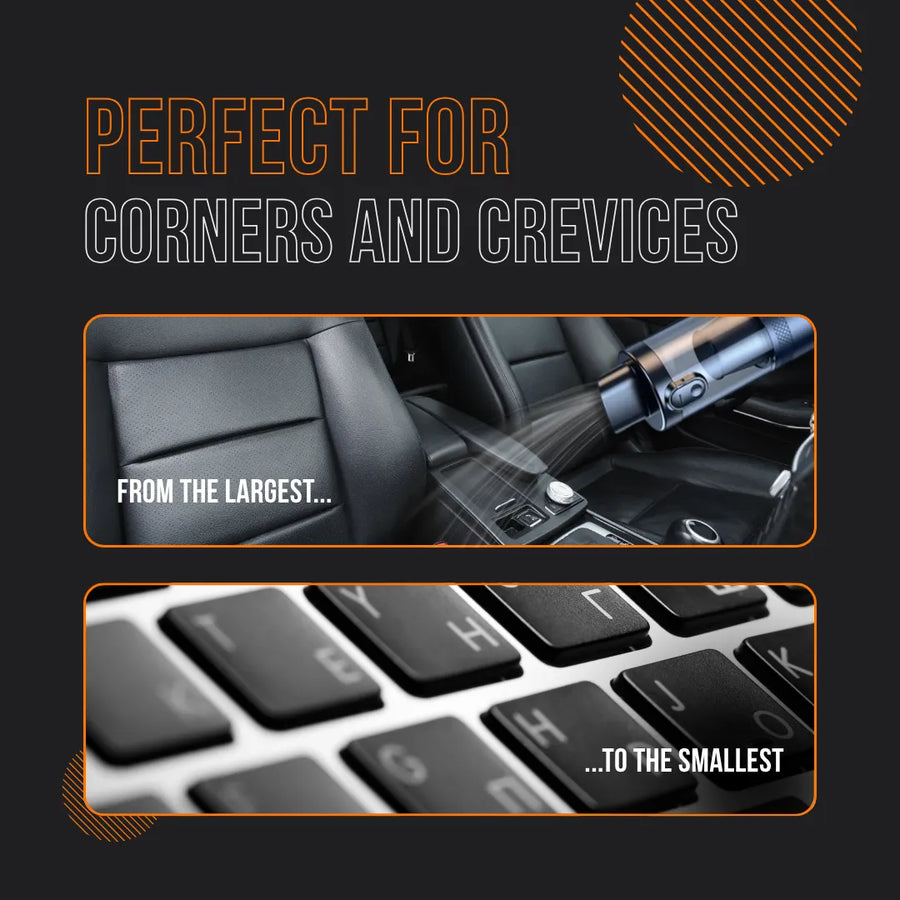Portable vacuum cleaning car interior and keyboard, perfect for corners and crevices.
