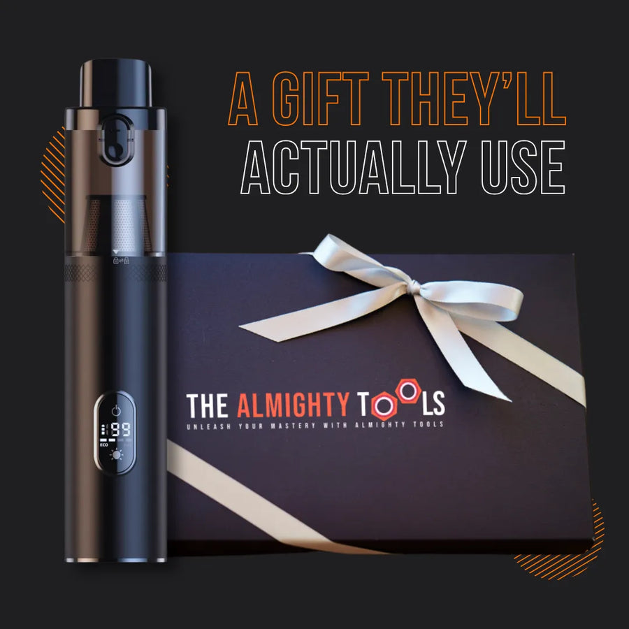 Almighty DustBuster 2.0 cordless vacuum next to gift box with ribbon and branding