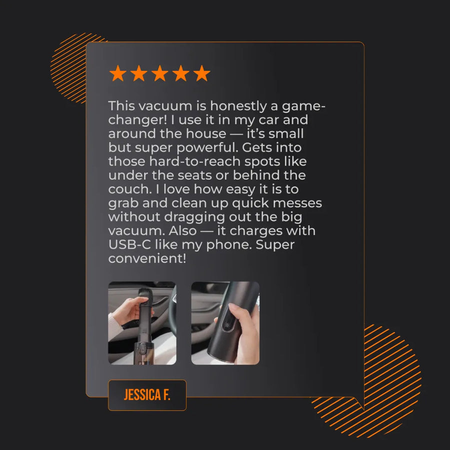 Customer review for compact DustBuster 2.0 vacuum with hands-on product images and five-star rating
