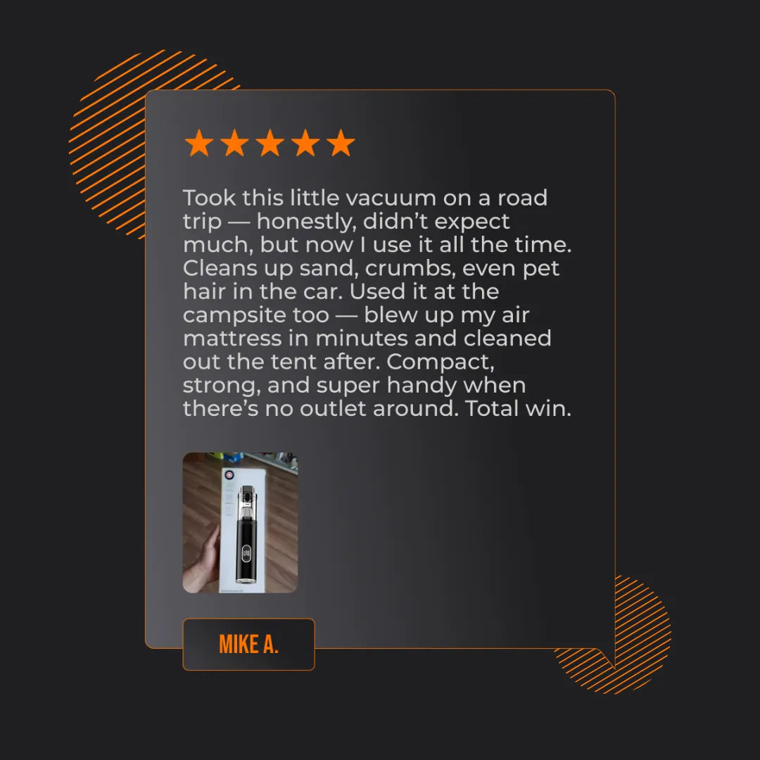 Five-star review with a photo of a compact handheld vacuum cleaner in its box.