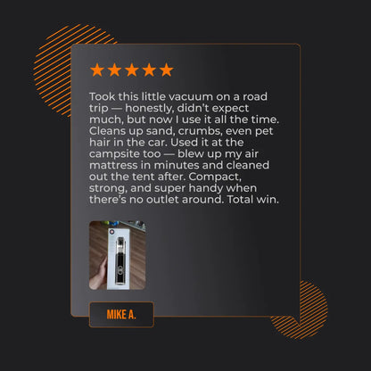 Five-star review with a photo of a compact handheld vacuum cleaner in its box.