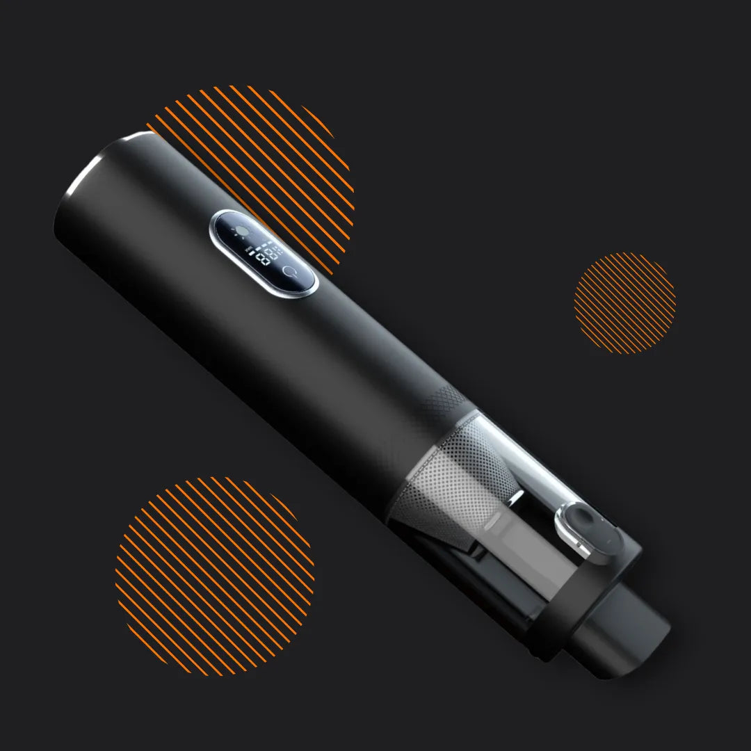 Sleek black handheld vacuum cleaner with digital display on a dark background with orange accents