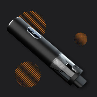 Sleek black handheld vacuum cleaner with digital display on a dark background with orange accents