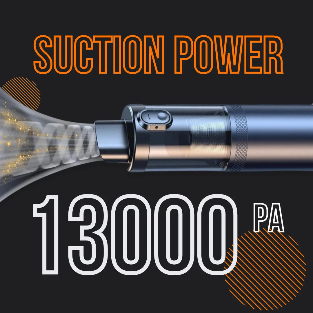Handheld vacuum cleaner with 13000 Pa suction power highlighted on a black background