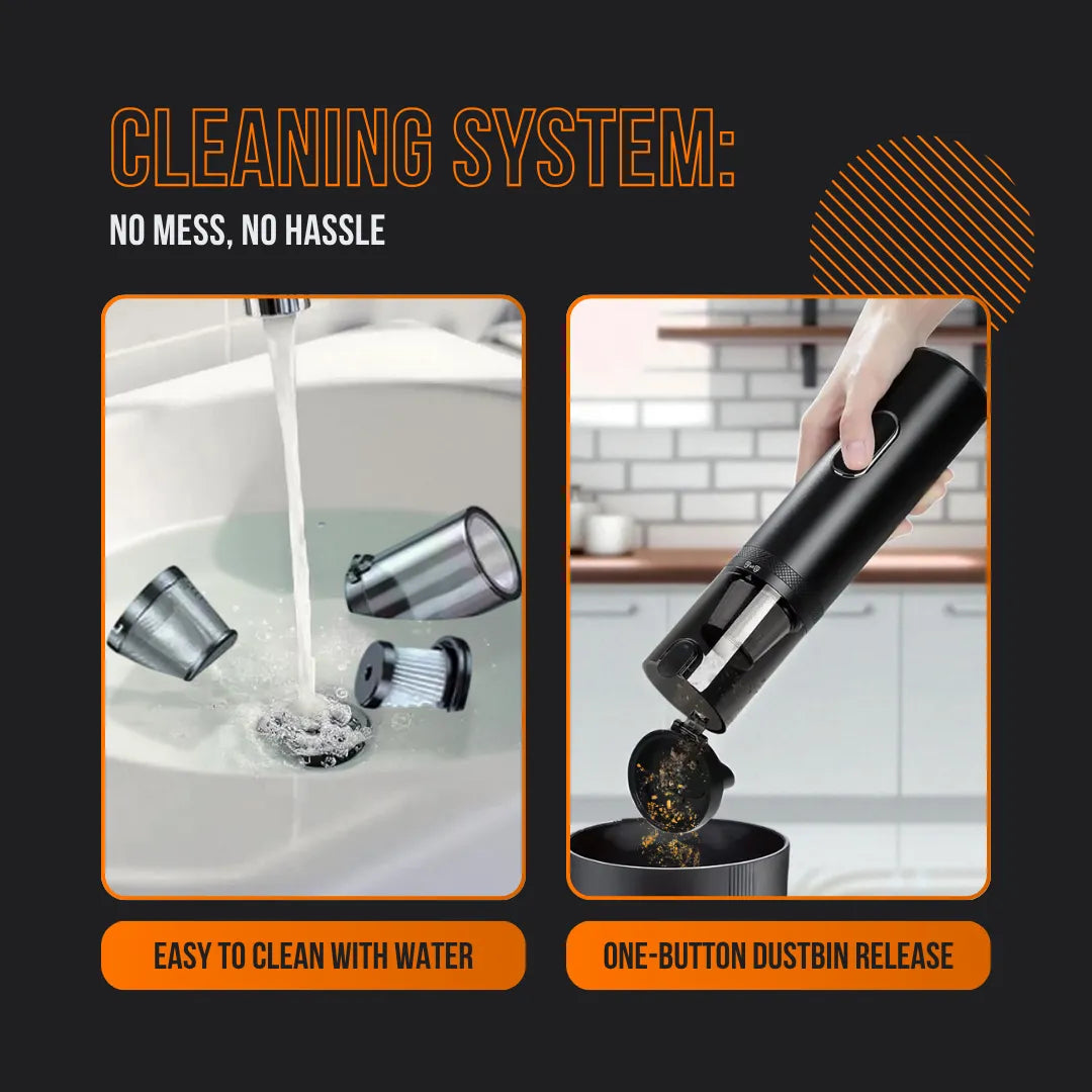 DustBuster 2.0 handheld vacuum filter parts under running water and dustbin being emptied