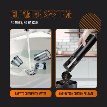 DustBuster 2.0 handheld vacuum filter parts under running water and dustbin being emptied