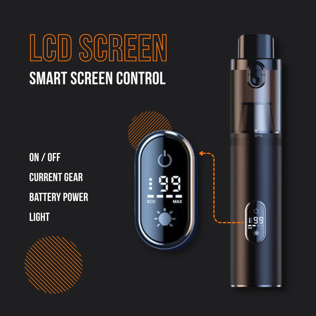 DustBuster 2.0 smart vacuum with LCD screen displaying power and settings on black background