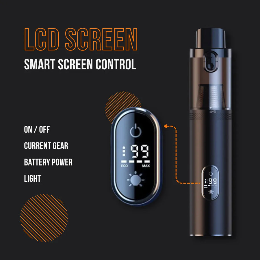 DustBuster 2.0 smart vacuum with LCD screen displaying power and settings on black background