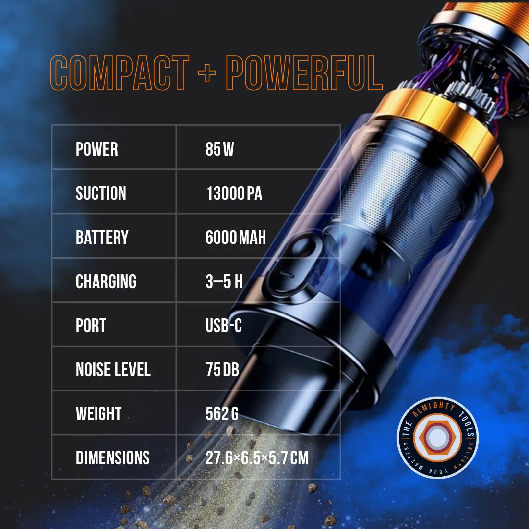Compact and powerful handheld vacuum, DustBuster 2.0, with specs chart on black background