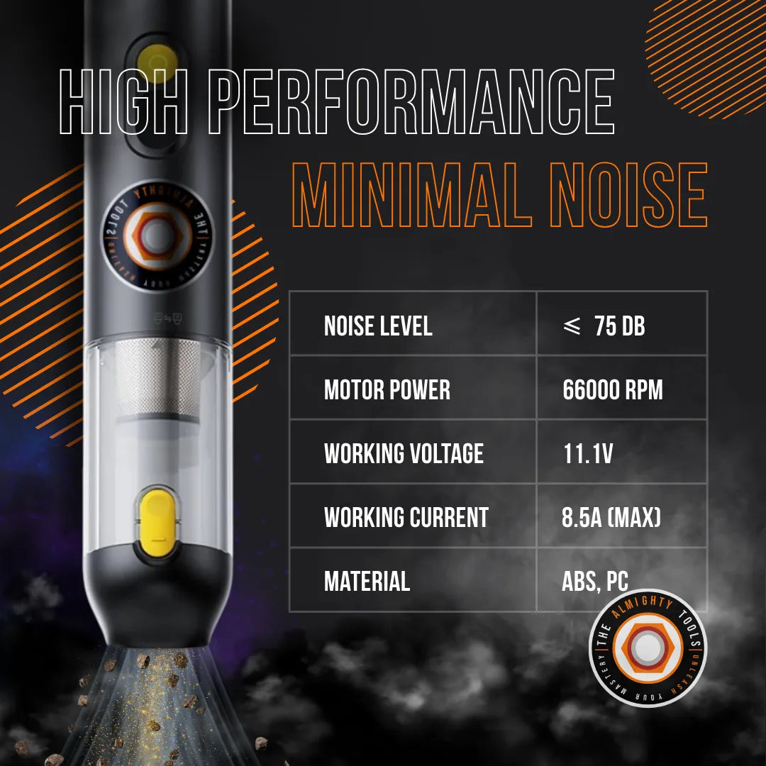 High performance DustBuster vacuum with minimal noise and feature specs on black backdrop.