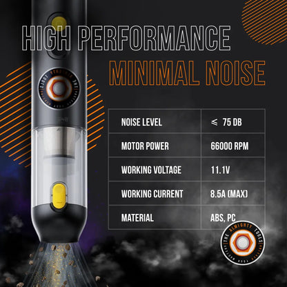 High performance DustBuster vacuum with minimal noise and feature specs on black backdrop.