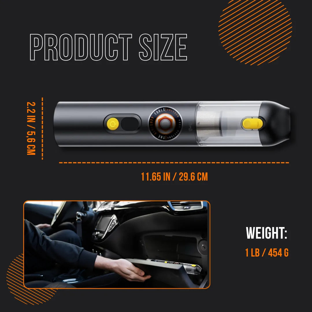 Compact cordless vacuum cleaner with dimensions, used for car interior cleaning, 1 lb weight