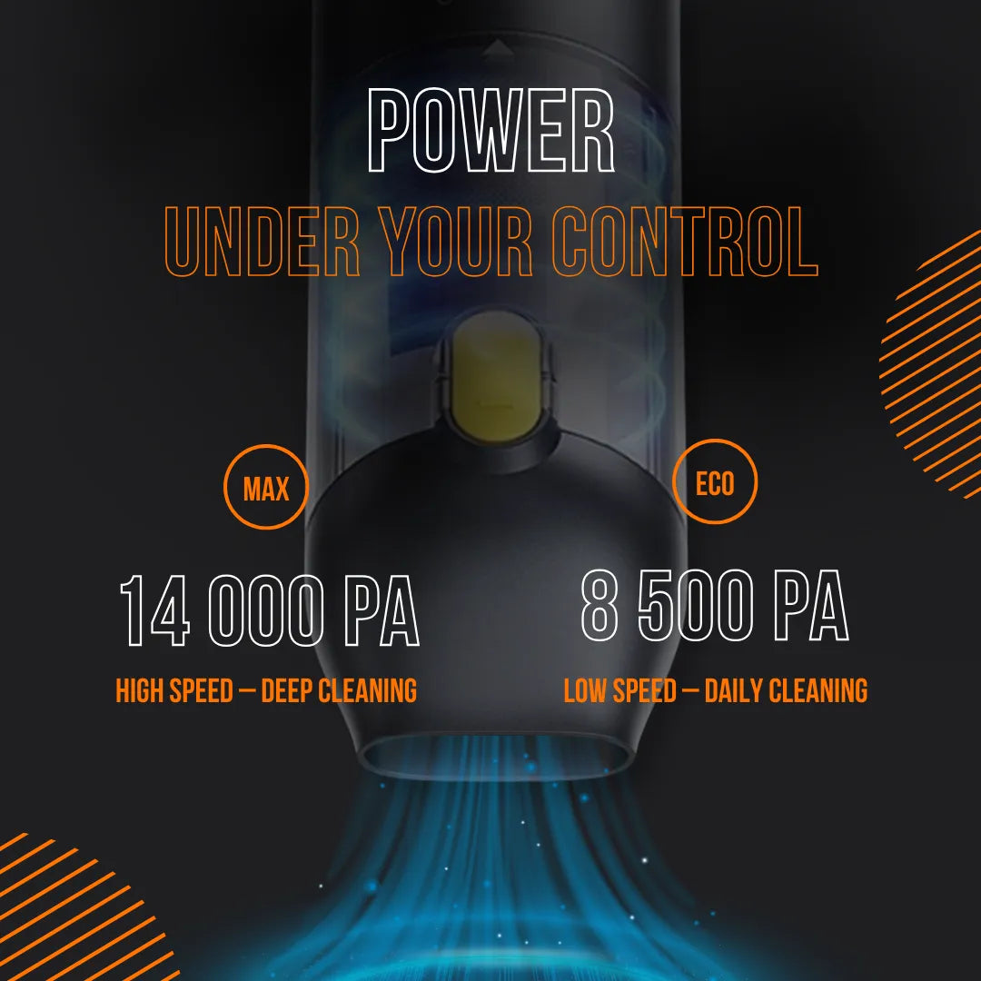 Handheld vacuum cleaner showing suction power options, 14000 PA max and 8500 PA eco mode