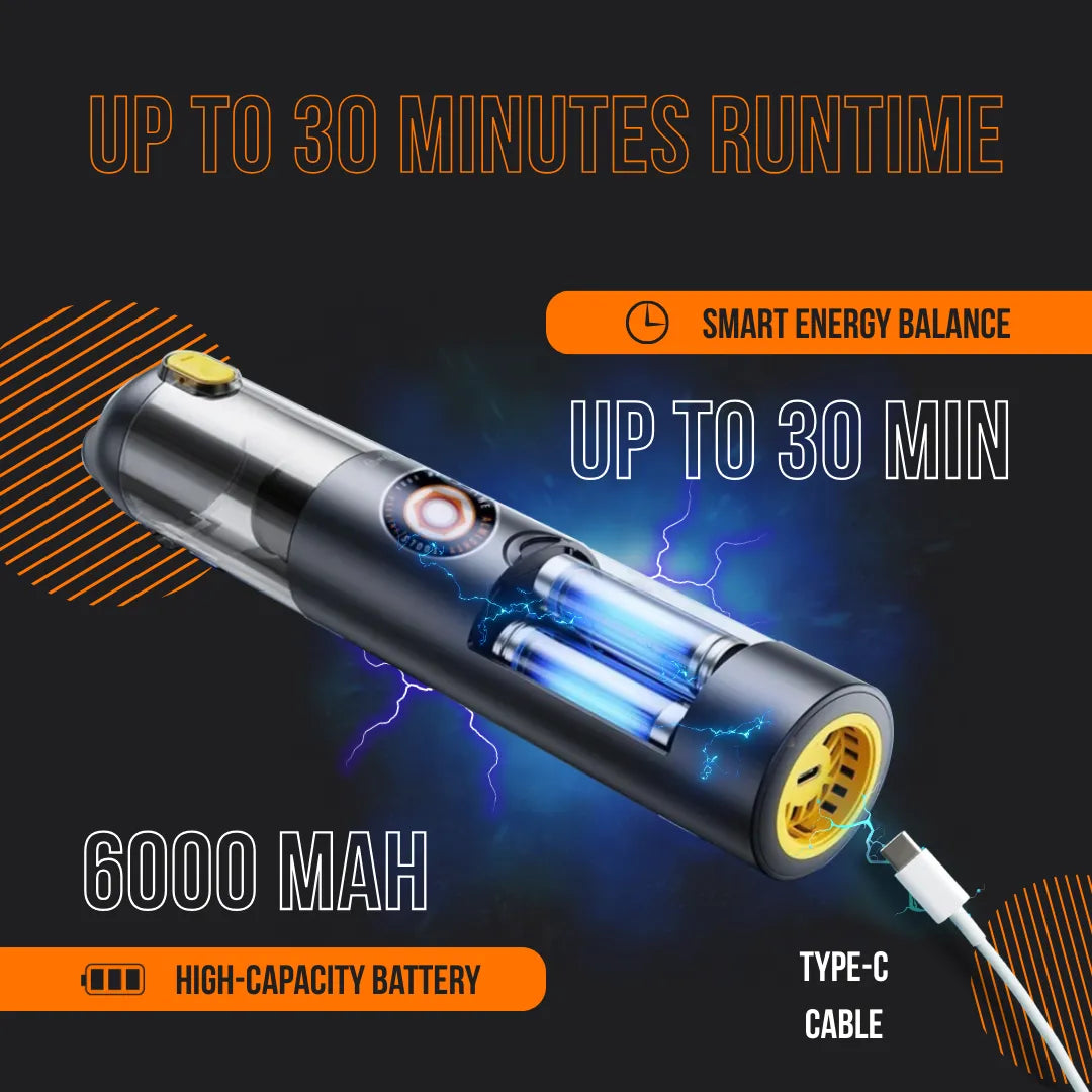 Cordless handheld vacuum cleaner with 6000mAh battery, Type-C charging, 30-min runtime