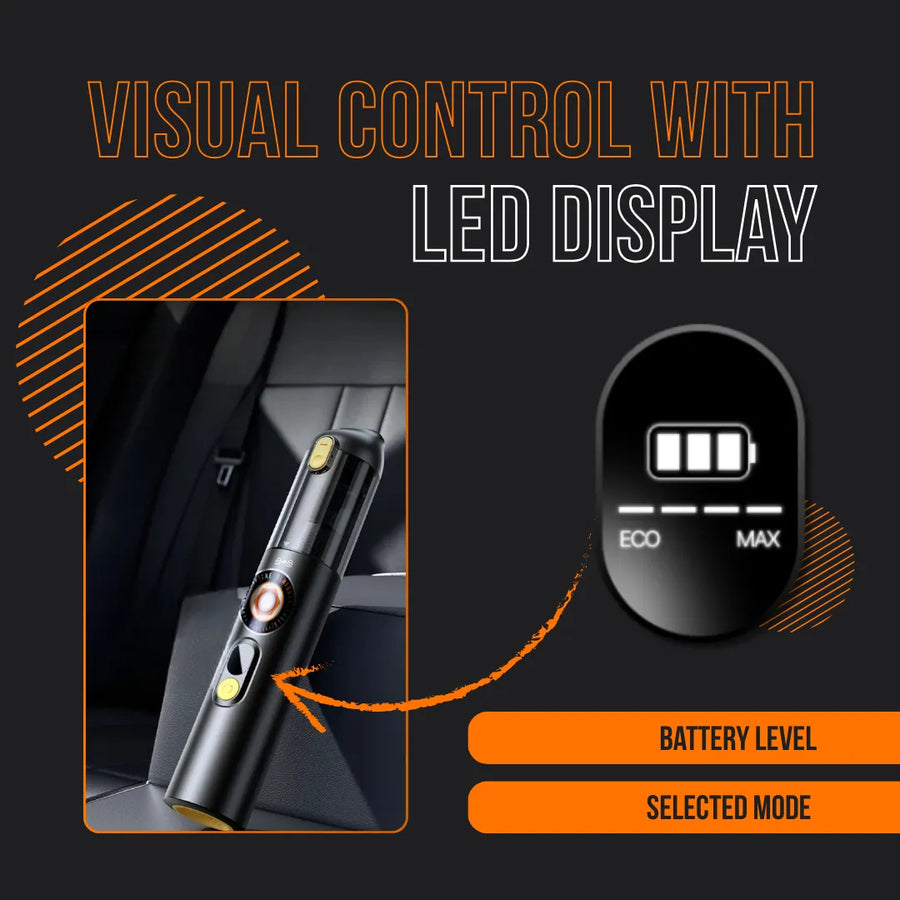 Portable handheld vacuum cleaner with LED display, battery level, and ECO/MAX modes shown in car