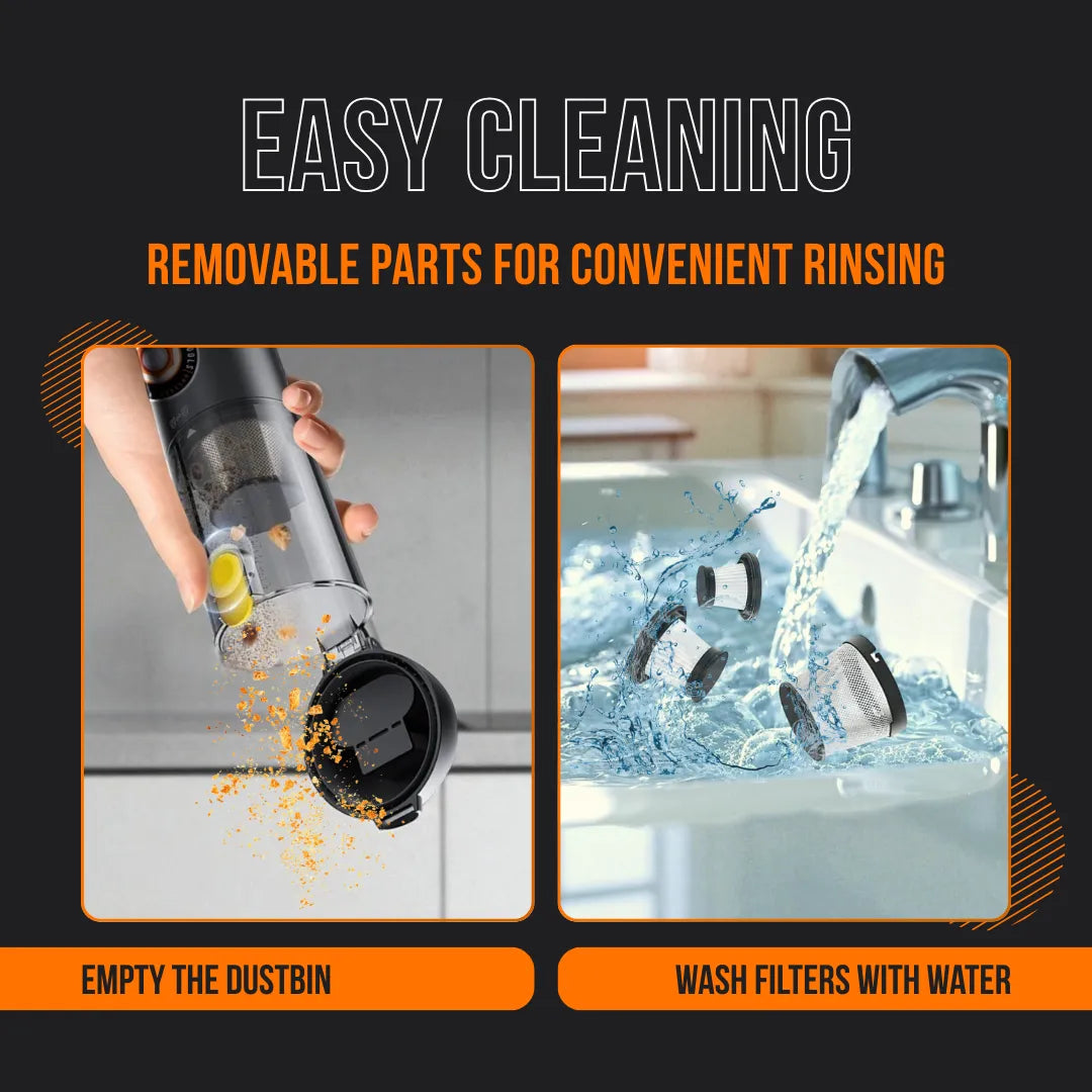 Vacuum cleaner dustbin being emptied and filters washed in sink, easy cleaning feature
