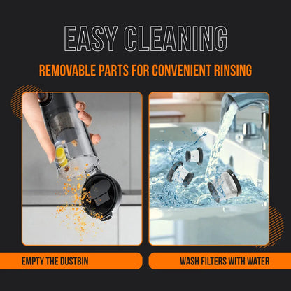 Vacuum cleaner dustbin being emptied and filters washed in sink, easy cleaning feature