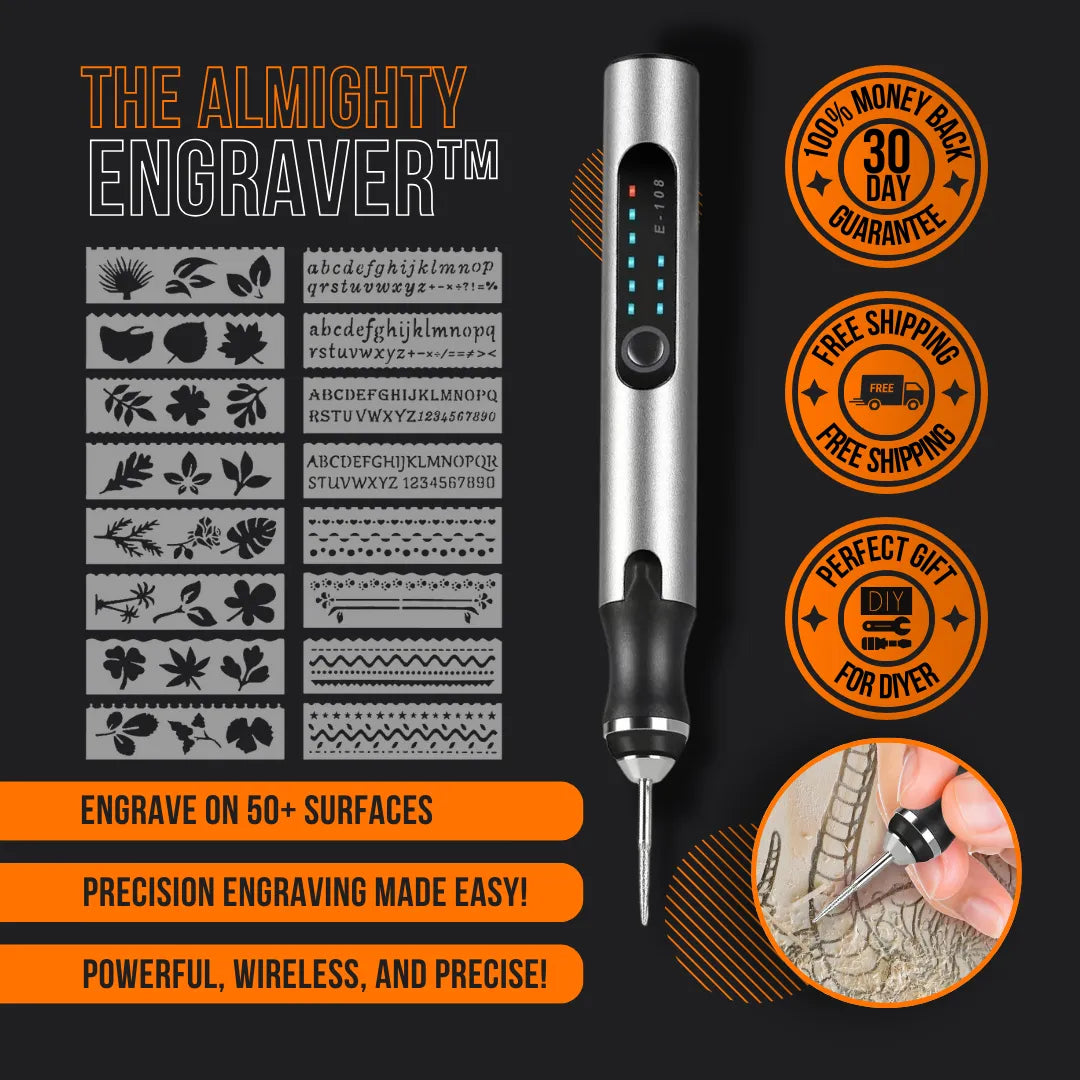 The Almighty Engraver pen tool with engraving designs, features, and special offer badges