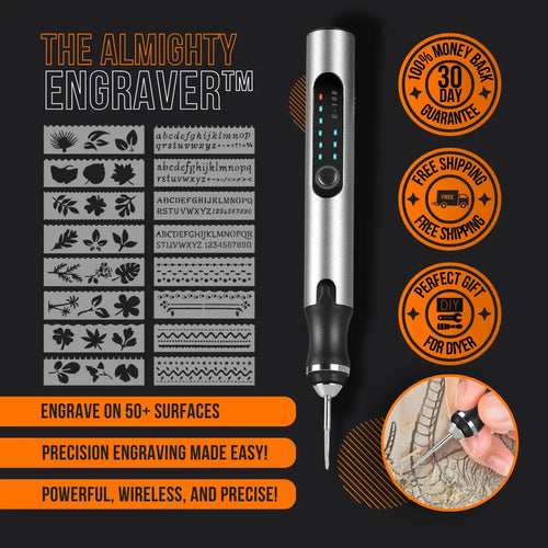 The Almighty Engraver pen tool with engraving designs, features, and special offer badges