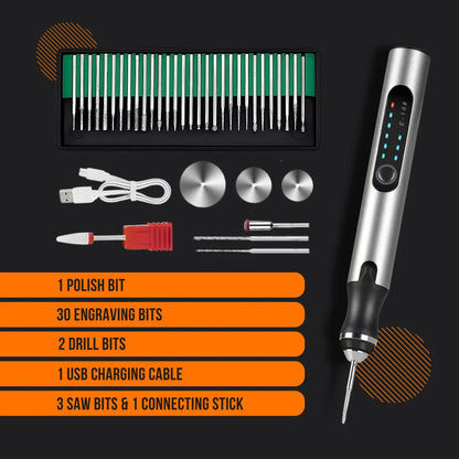 electric engraver kit with USB charging cable, drill bits, polish bit, saw blades, and 30 engraving bits on black background