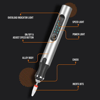Electric engraver pen with labeled parts, including alloy body, speed and power lights.