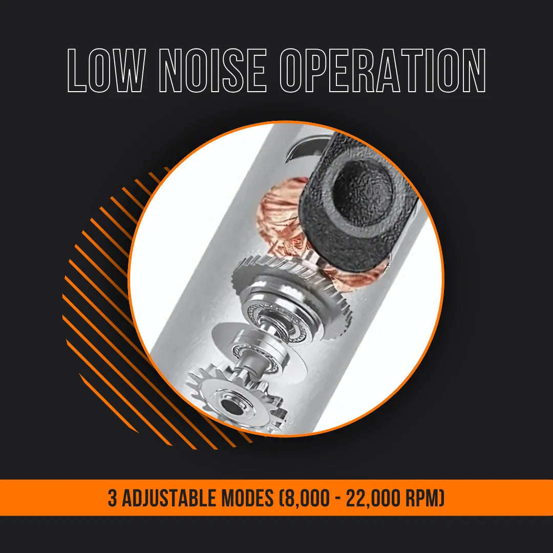Low noise engraver motor gears close-up with 3 adjustable speed modes, 8000-22000 RPM