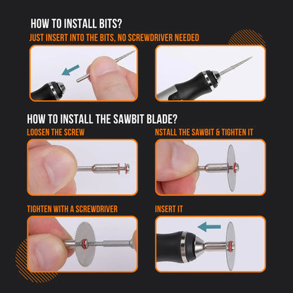 How to install bits and sawblade on engraver tool step-by-step photo guide.