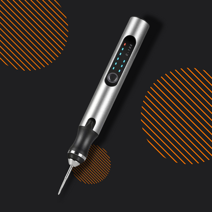 Electric engraver pen with digital display on black background and orange striped circles