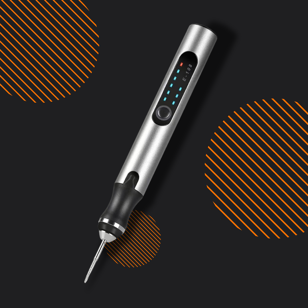 Electric engraver pen with digital display on black background and orange striped circles