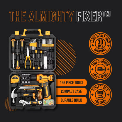 126 piece tool kit with drill in compact case, durable build, DIY gift, and free shipping