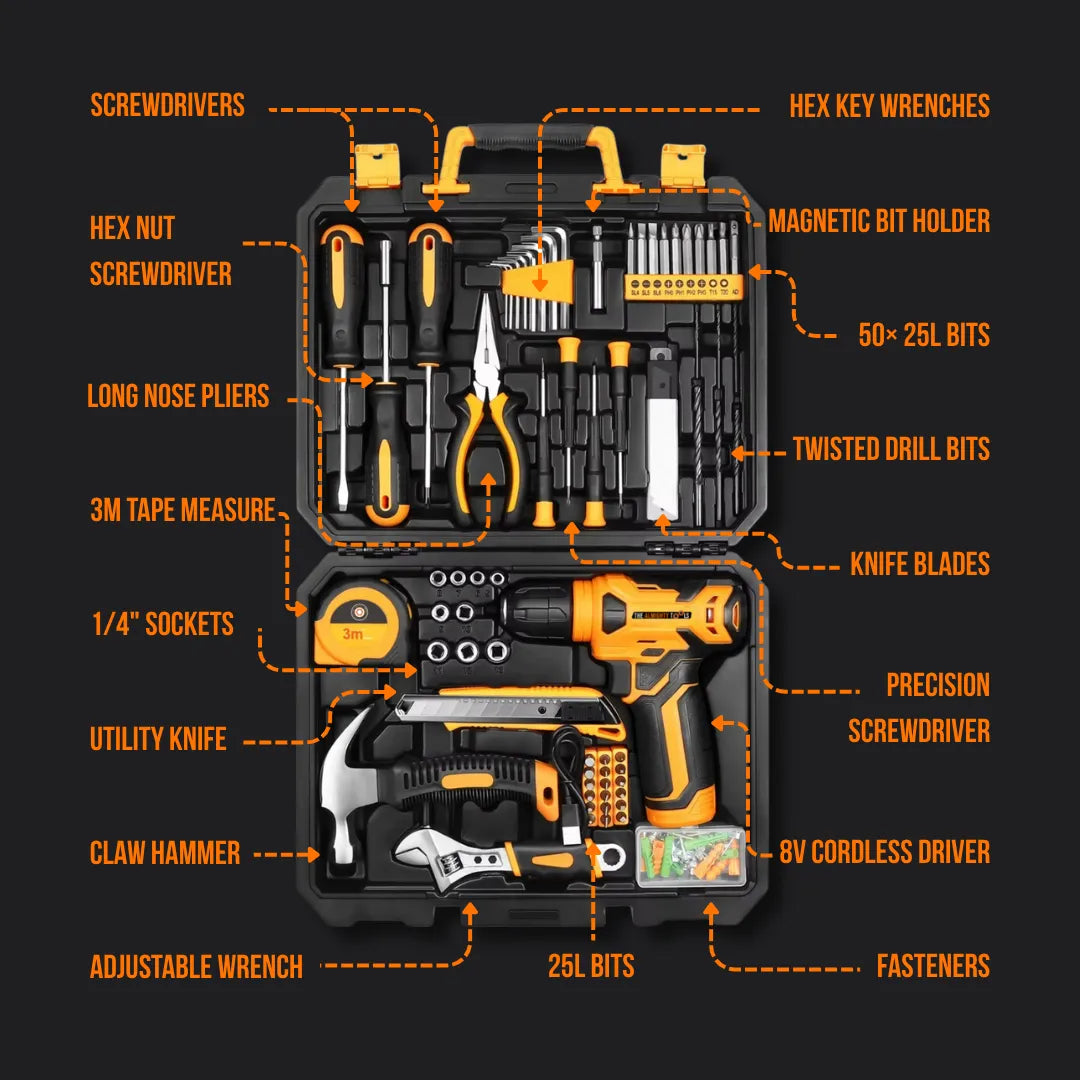 Complete home tool kit with cordless driver, pliers, hammer, drill bits, and screwdriver set
