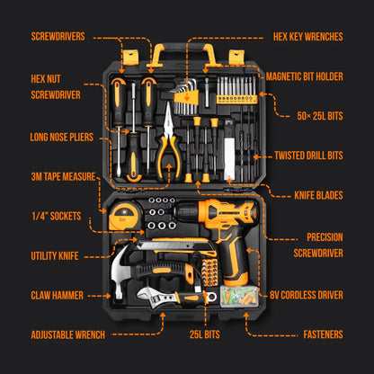 Complete home tool kit with cordless driver, pliers, hammer, drill bits, and screwdriver set