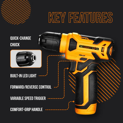 Cordless yellow and black power drill with quick-change chuck, LED light, and ergonomic handle