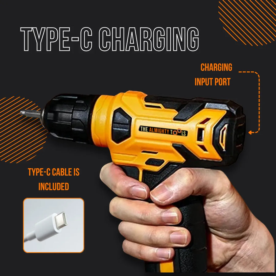 Yellow cordless drill with Type-C charging port and included USB-C cable, held in a hand