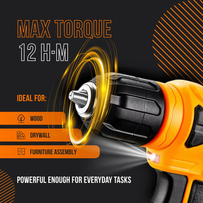 Cordless power drill, max torque 12 Nm, ideal for wood, drywall, furniture assembly