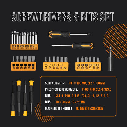 Screwdrivers and bits set with multiple screwdriver handles, precision heads, and bit holders on black background
