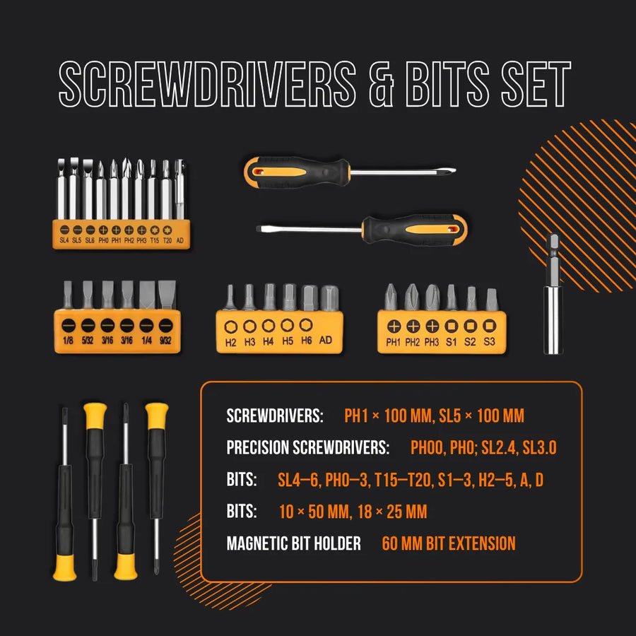 Screwdrivers and bits set with multiple screwdriver handles, precision heads, and bit holders on black background