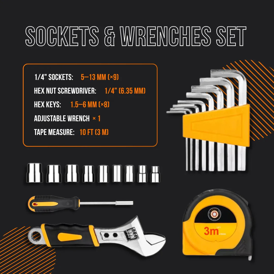 Sockets and wrenches set with adjustable wrench, hex keys, socket bits, tape measure, and screwdriver.